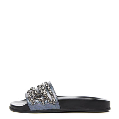 Chanel Metallic Lambskin Canvas Chain Flat Sandals 36 Dark Blue 1 of 9