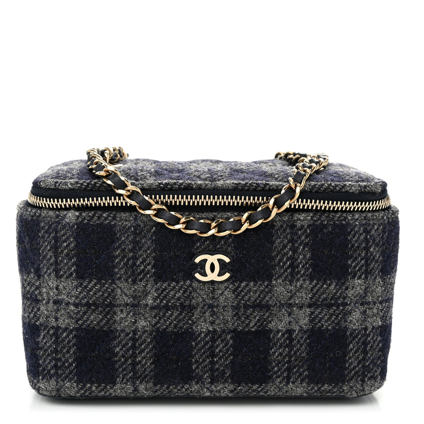Wool Plaid Quilted Small Vanity Case With Chain Blue