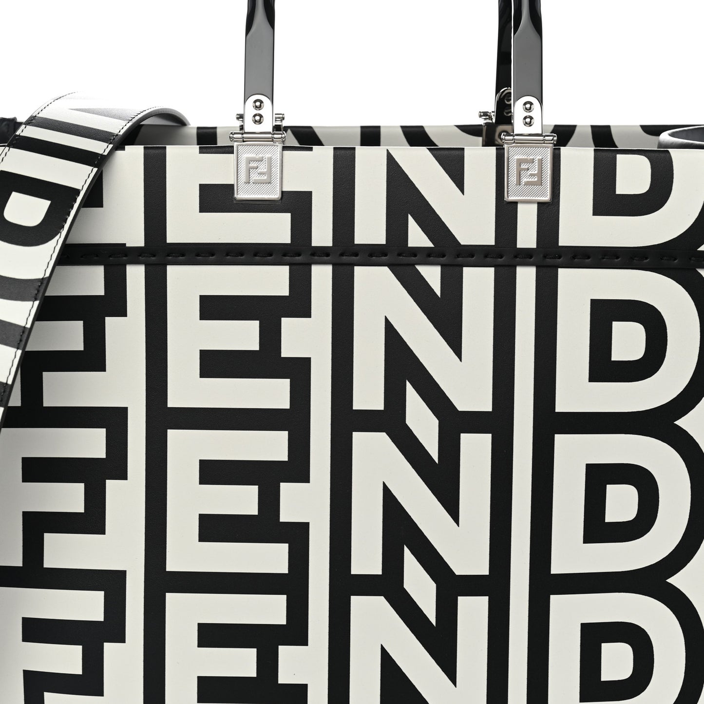 X MARC JACOBS Vitello King Logo Print Medium Fendi Sunshine Shopper Tote Black White