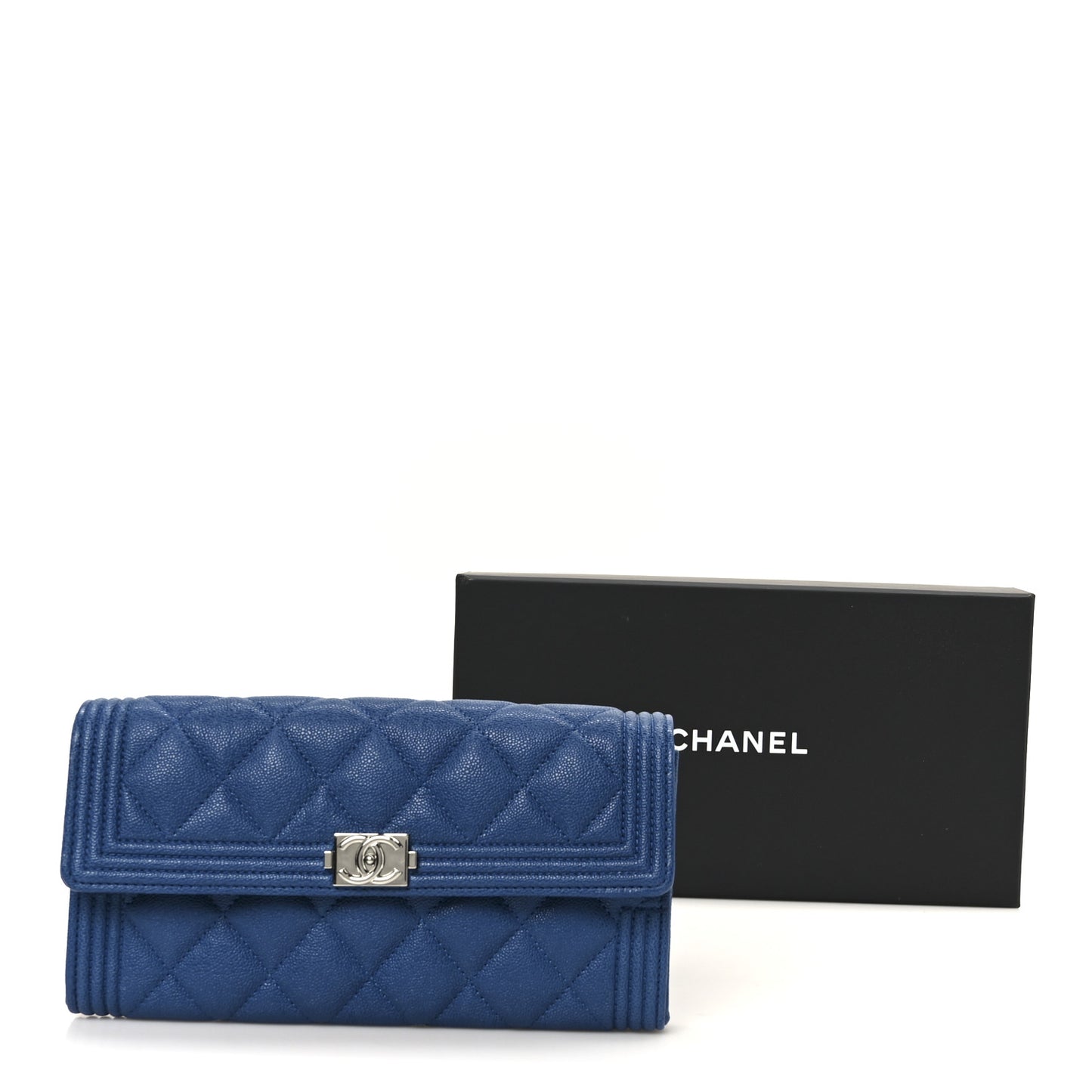 Caviar Quilted Large Boy Gusset Flap Wallet Blue