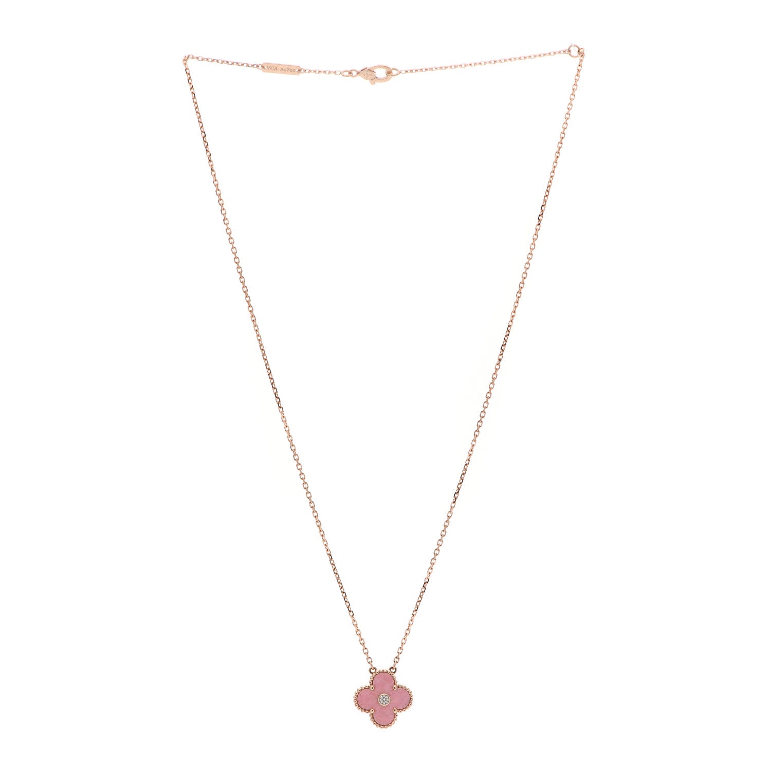 Van Cleef & Arpels 18K Rose Gold Diamond Rhodonite Vintage Alhambra Pendant Necklace 3 of 6