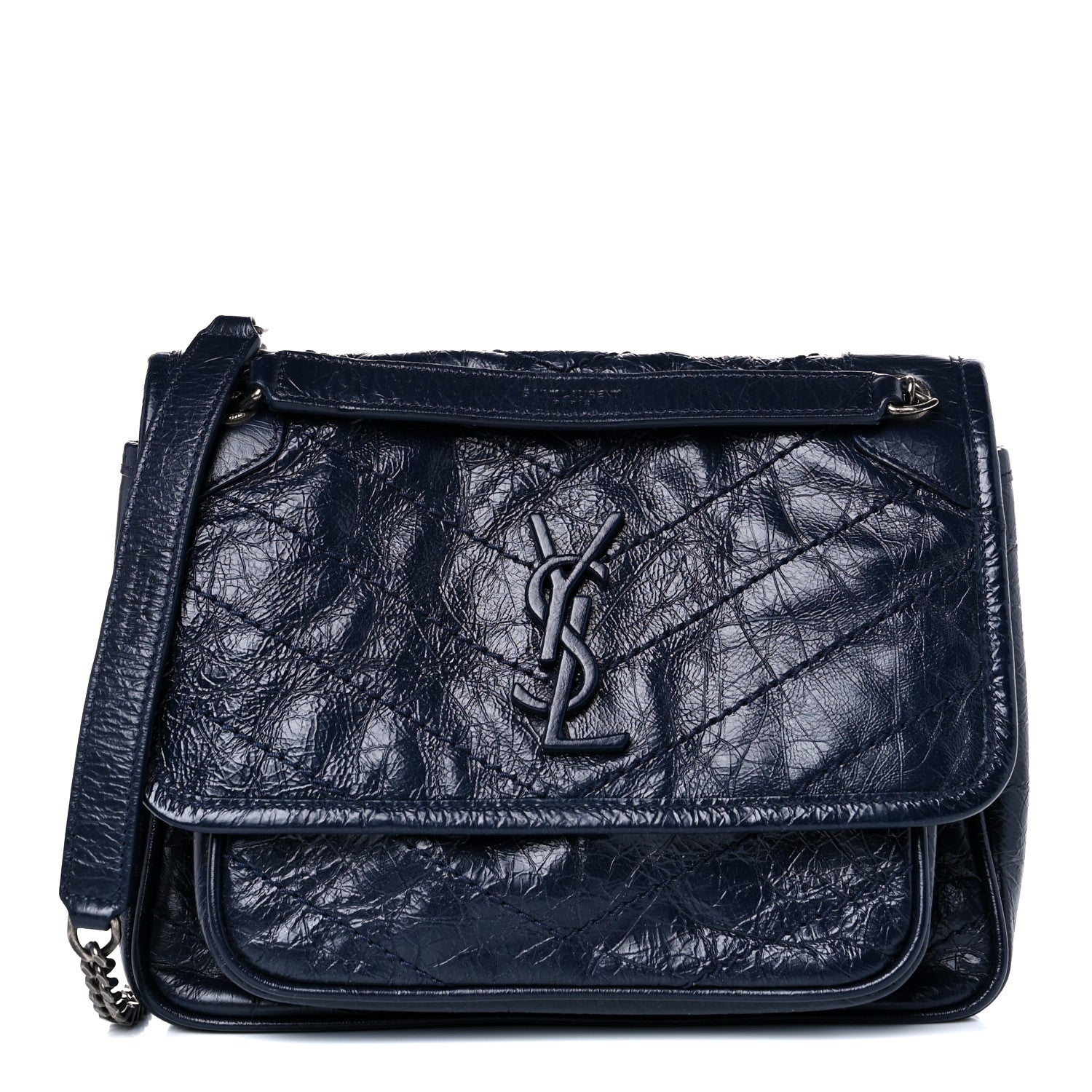 Saint Laurent Crinkled Calfskin Matelasse Monogram Baby Niki Chain Satchel Navy 1 of 13