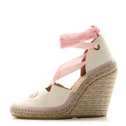 Gucci Canvas Grossgrain Embroidered Judit Ankle Wrap Platform 35/120mm Espadrille Wedges 39 White Shell 1 of 10