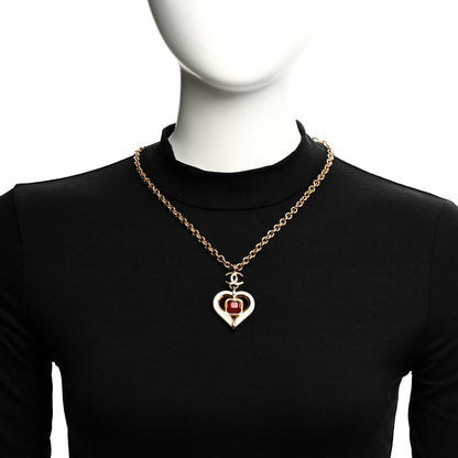Chanel Resin Crystal Heart CC Pendant Necklace Red White Gold 2 of 5