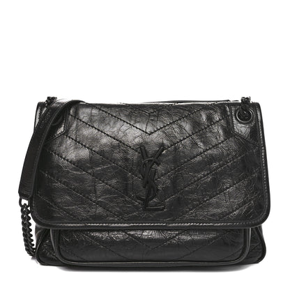 Saint Laurent Crinkled Calfskin Matelasse Monogram Medium Niki Chain Satchel Black 1 of 10