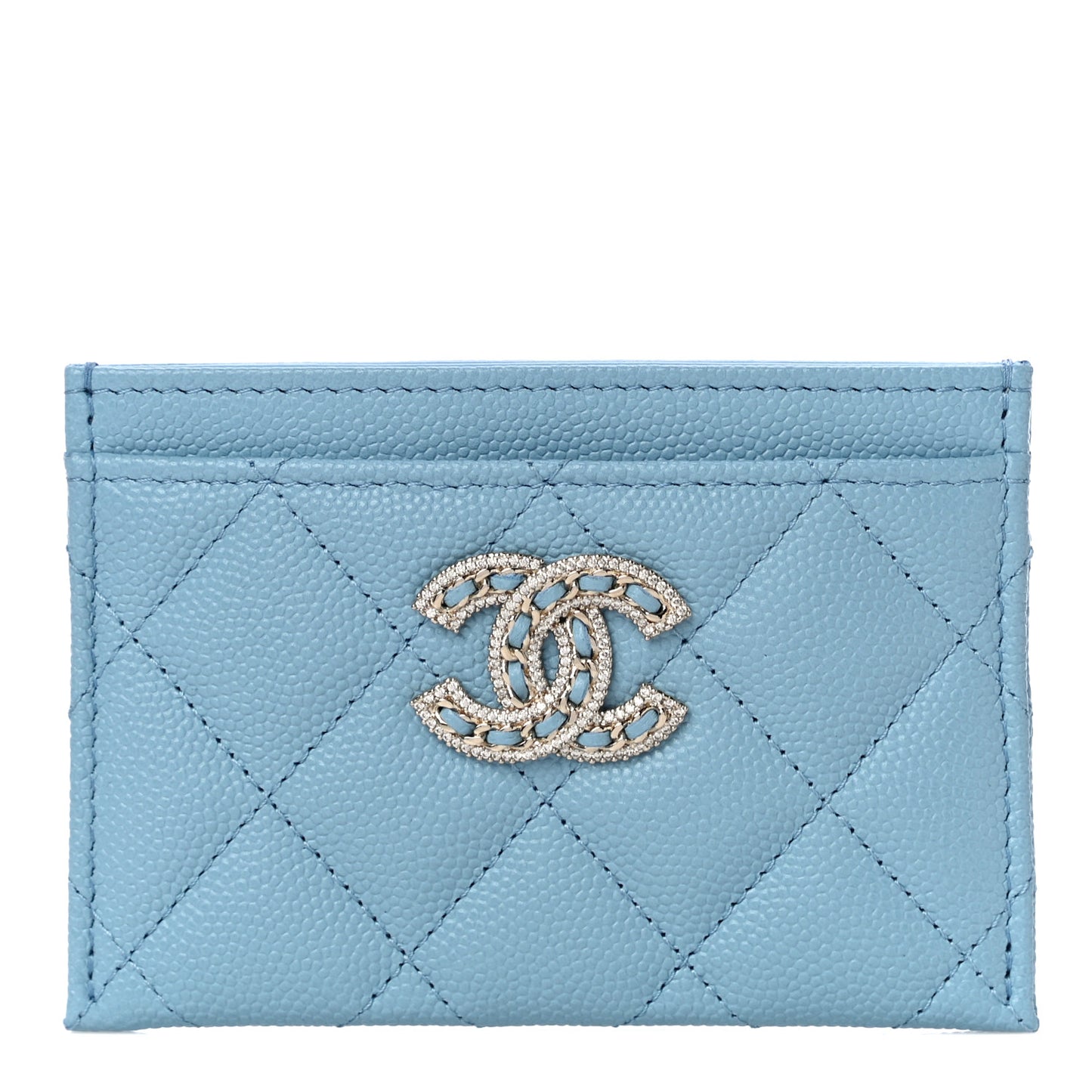 Caviar Quilted Crystal Card Holder Light Blue