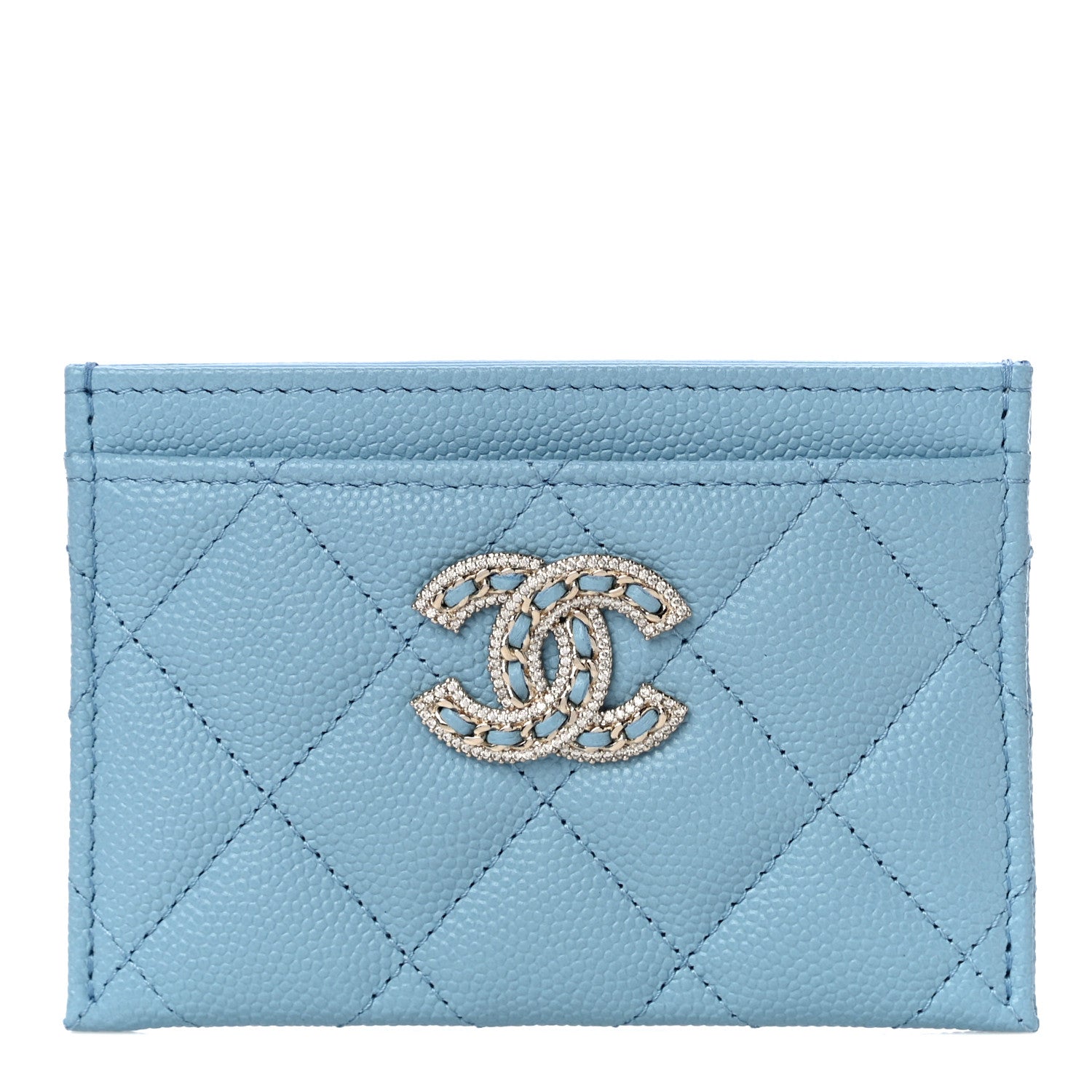 Chanel Caviar Quilted Crystal Card Holder Light Blue 1 of 12