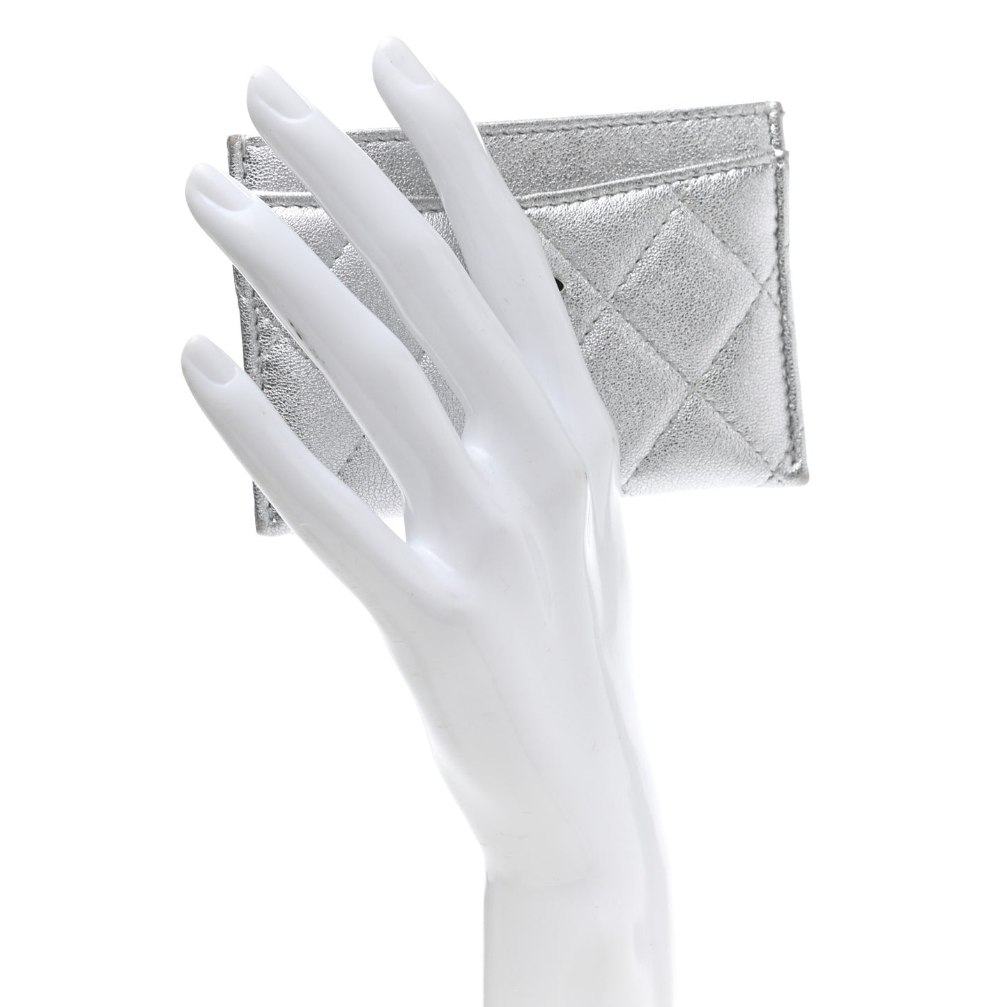 Metallic Lambskin Quilted Card Holder Silver