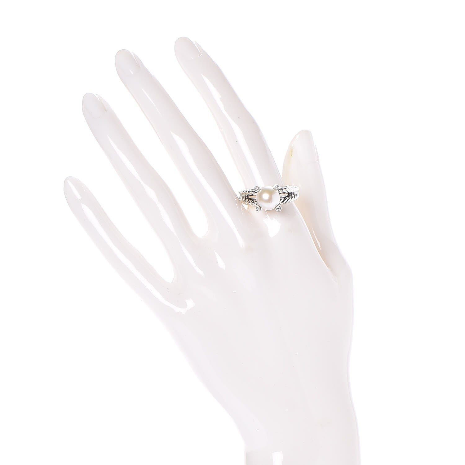 David Yurman Sterling Silver Diamond 10mm Pearl Cable Ring 57.6 8.25 2 of 5