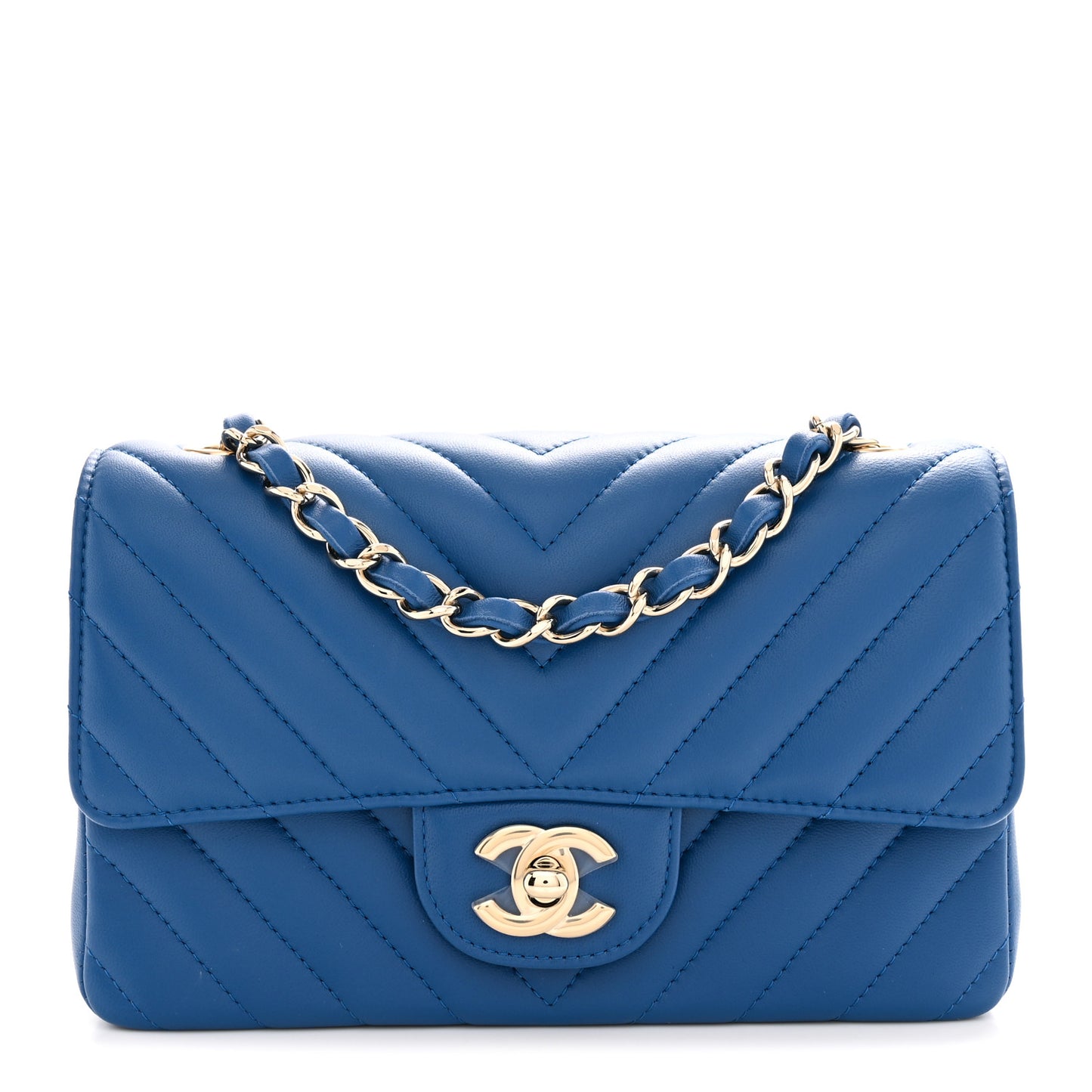 Lambskin Chevron Quilted Mini Rectangular Flap Dark Blue