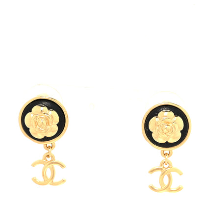Chanel Metal Lambskin Camellia CC Drop Earrings Gold Black 1 of 4