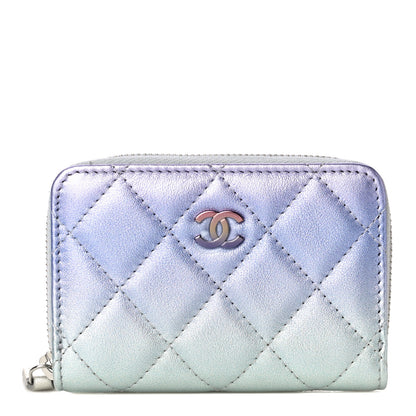 Chanel Gradient Metallic Calfskin Quilted Zip Around Coin Purse Wallet Silver Blue Yellow Purple 1 of 11