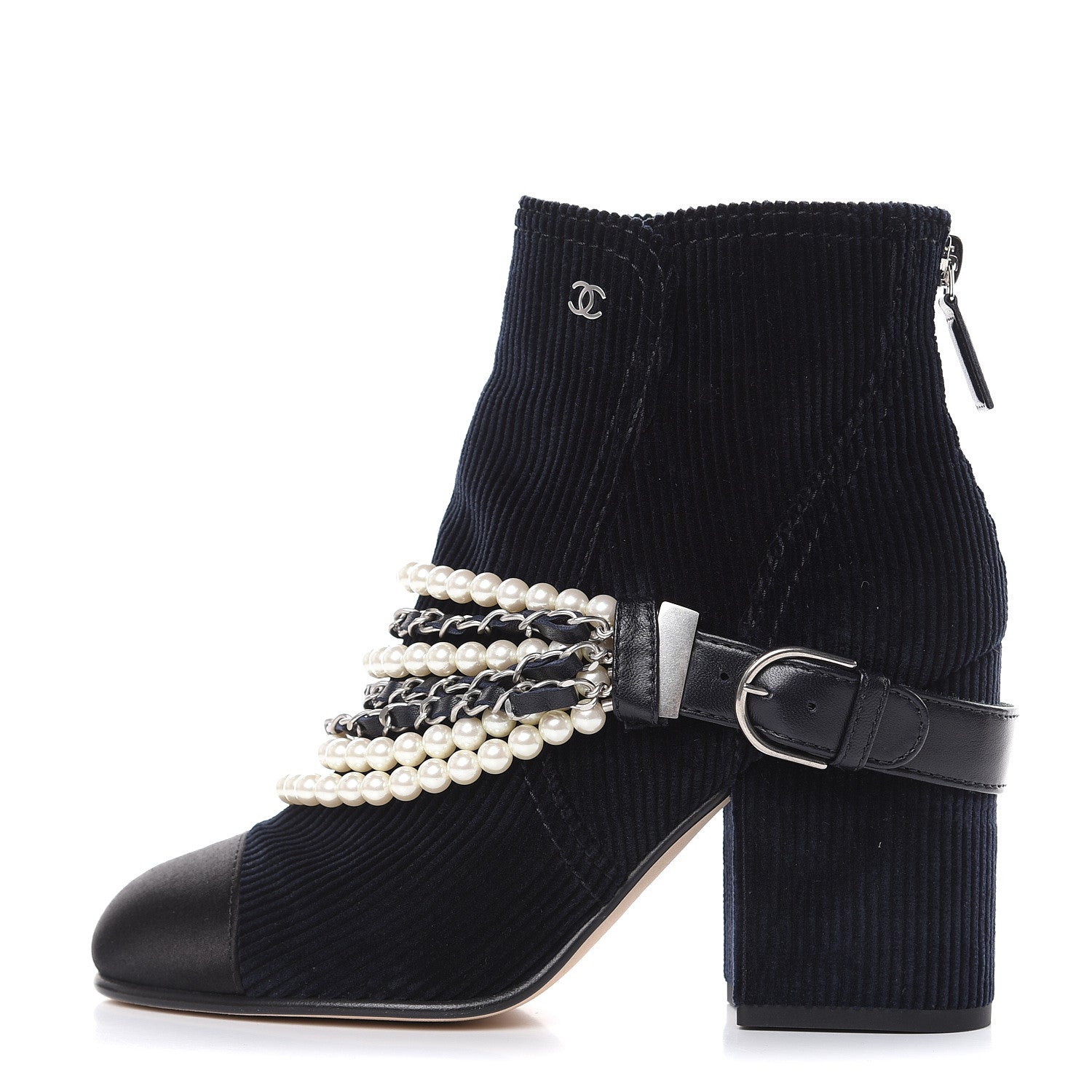 Chanel Velvet Satin Cap Cap Toe Short Boots 37 Navy Black 1 of 7