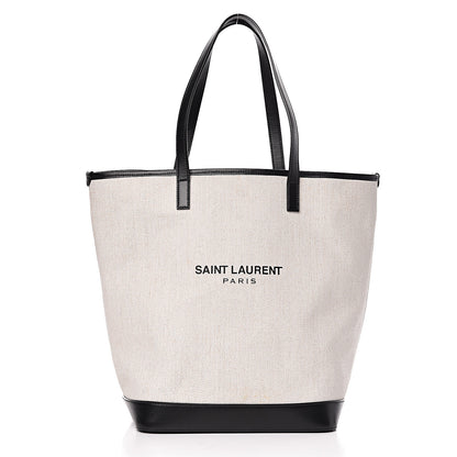 Saint Laurent Canvas Calfskin Teddy Drawstring Shopping Tote White Black 3 of 16