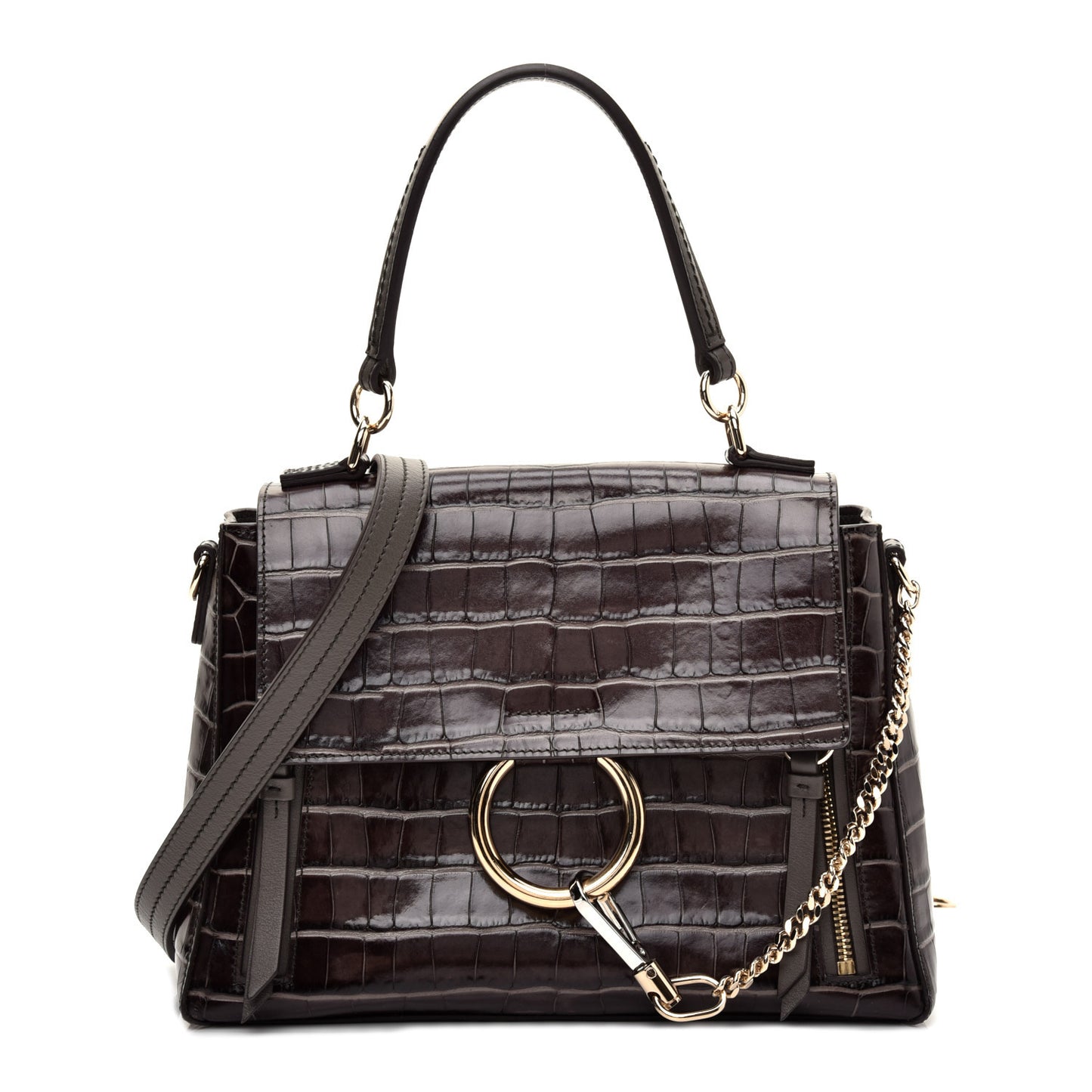 Calfskin Crocodile Embossed Small Faye Day Shoulder Bag Profound Brown