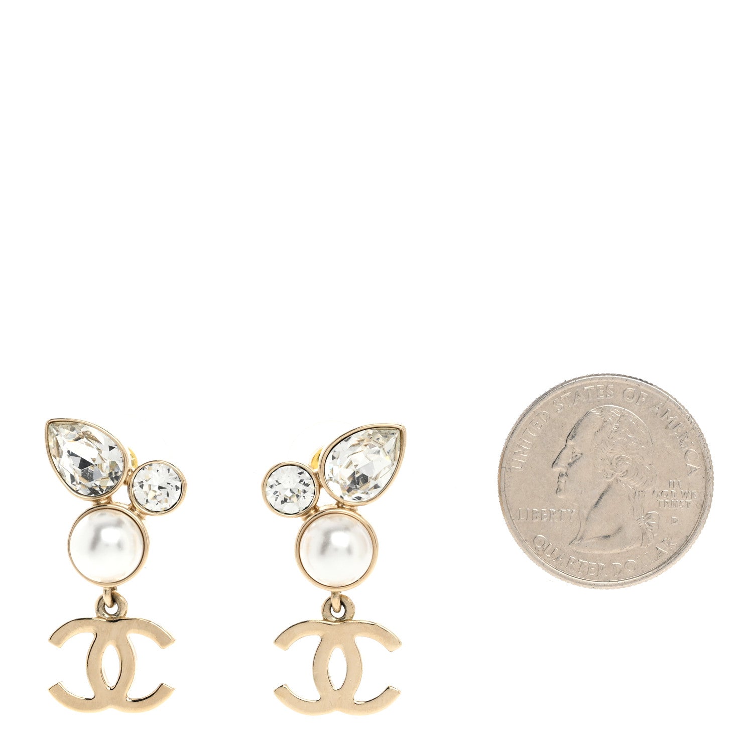 Chanel Pearl Crystal CC Drop Earrings Gold 2 of 5