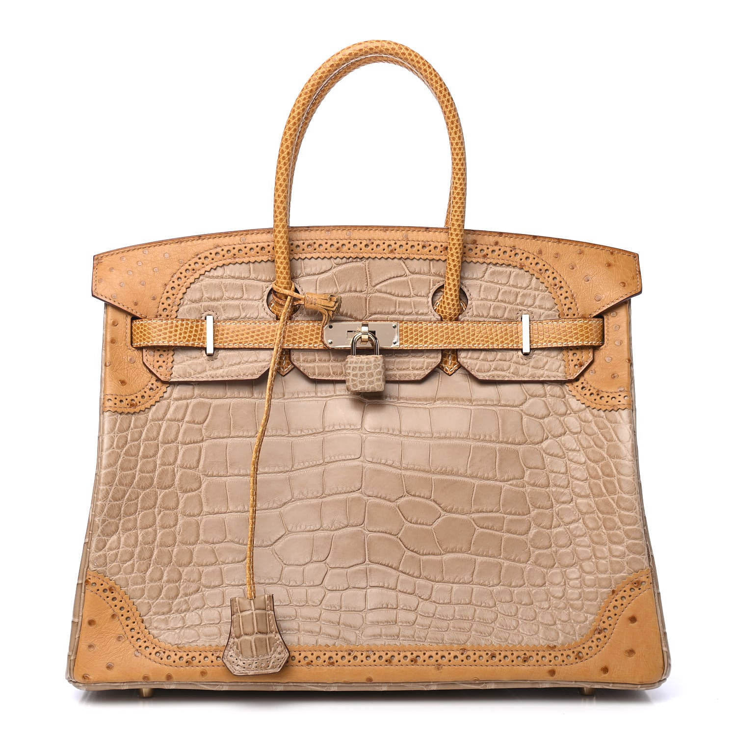 Hermes Lizard Alligator Ostrich Grand Marriage Ghillies Birkin 35 Poussiere Tabac Camel Sesame 1 of 8