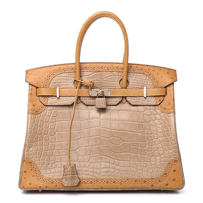 Hermes Lizard Alligator Ostrich Grand Marriage Ghillies Birkin 35 Poussiere Tabac Camel Sesame 1 of 8