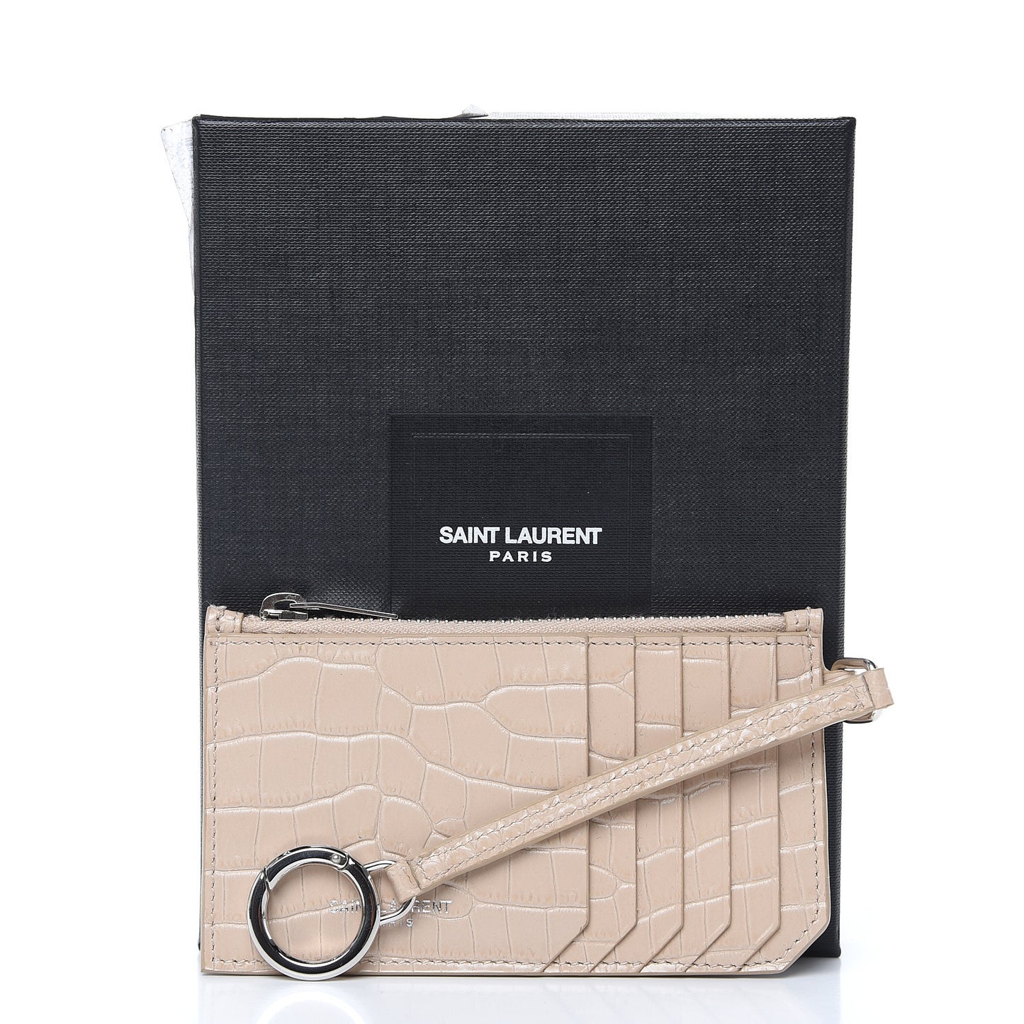 Calfskin Crocodile Embossed 5 Fragments Zip Pouch Card Holder Beige