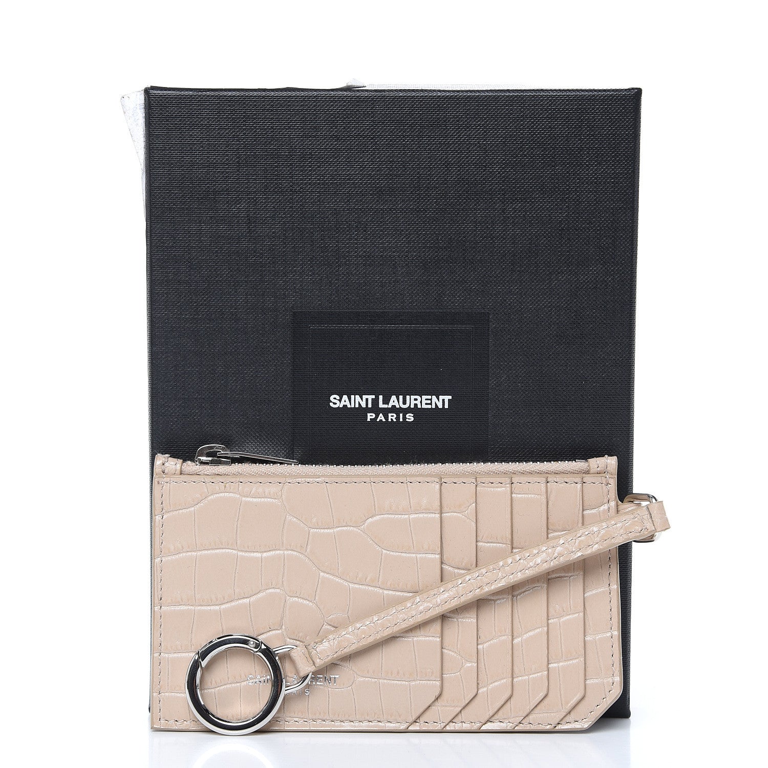 Saint Laurent Calfskin Crocodile Embossed 5 Fragments Zip Pouch Card Holder Beige 9 of 9