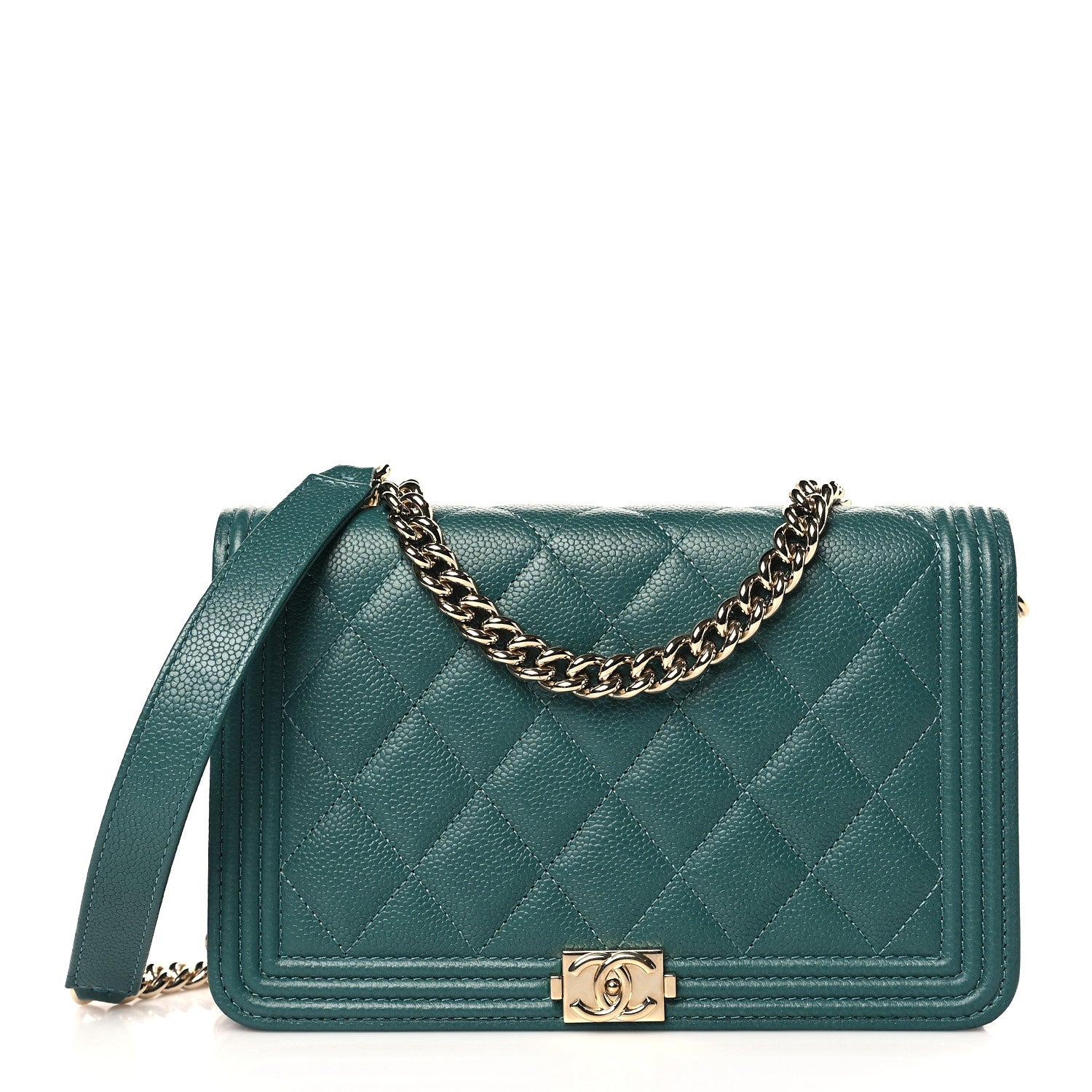 Chanel Caviar Quilted Boy Wallet On Chain WOC Green 1 of 10