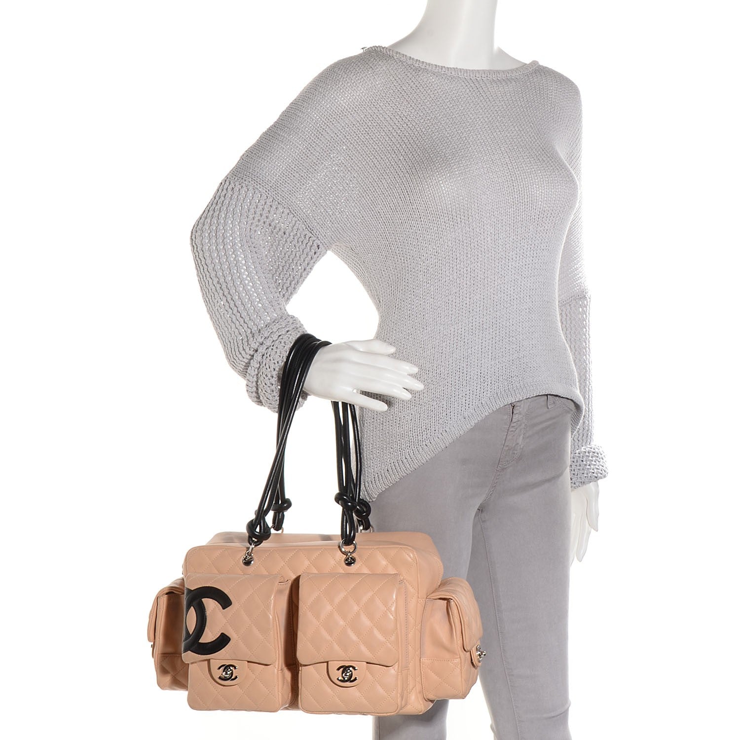 Chanel Calfskin Quilted Large Cambon Multipocket Reporter Beige Black 2 of 7