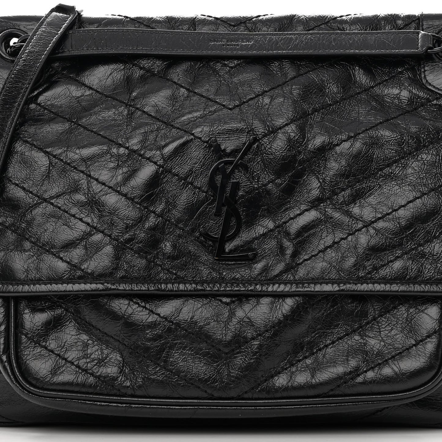Crinkled Calfskin Matelasse Monogram Large Niki Chain Satchel Black