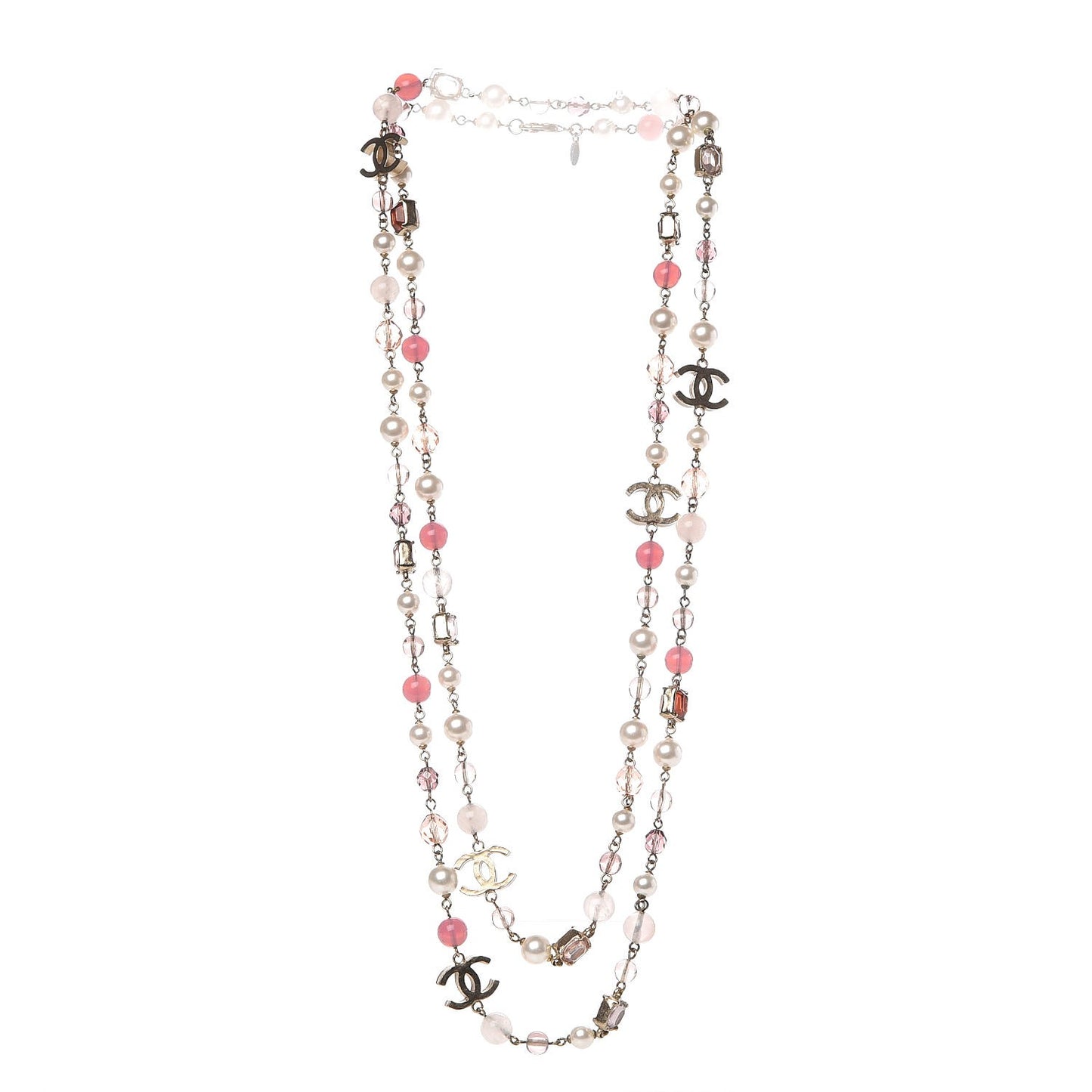 Pearl Crystal Beaded CC Long Necklace Pink Gold