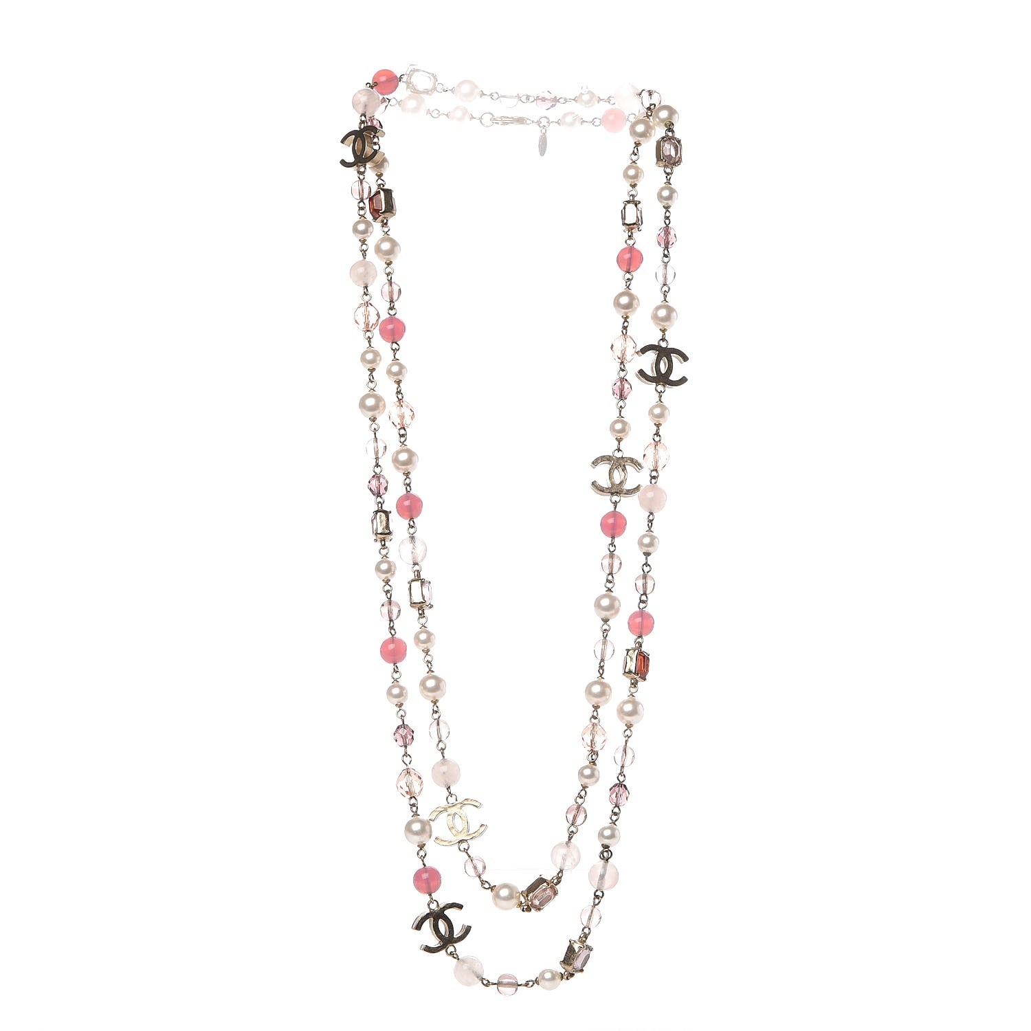 Chanel Pearl Crystal Beaded CC Long Necklace Pink Gold 3 of 4