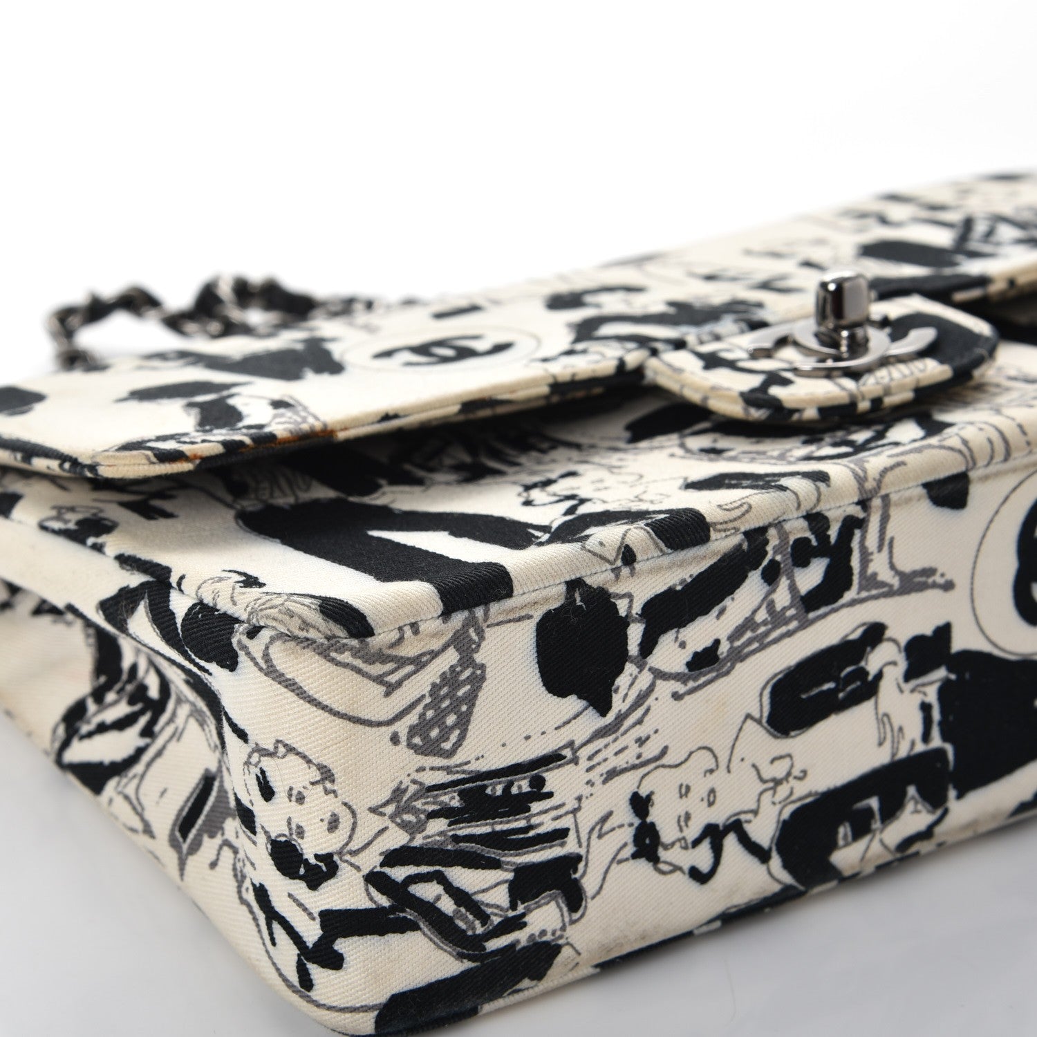 Chanel Canvas Printed Medium Double Flap Black White 12 of 17