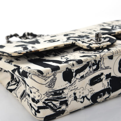 Chanel Canvas Printed Medium Double Flap Black White 12 of 17