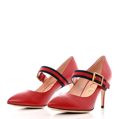 Gucci Malaga Kid Sylvie Web Mid Heel Pumps 37.5 Hibiscus Red 3 of 13