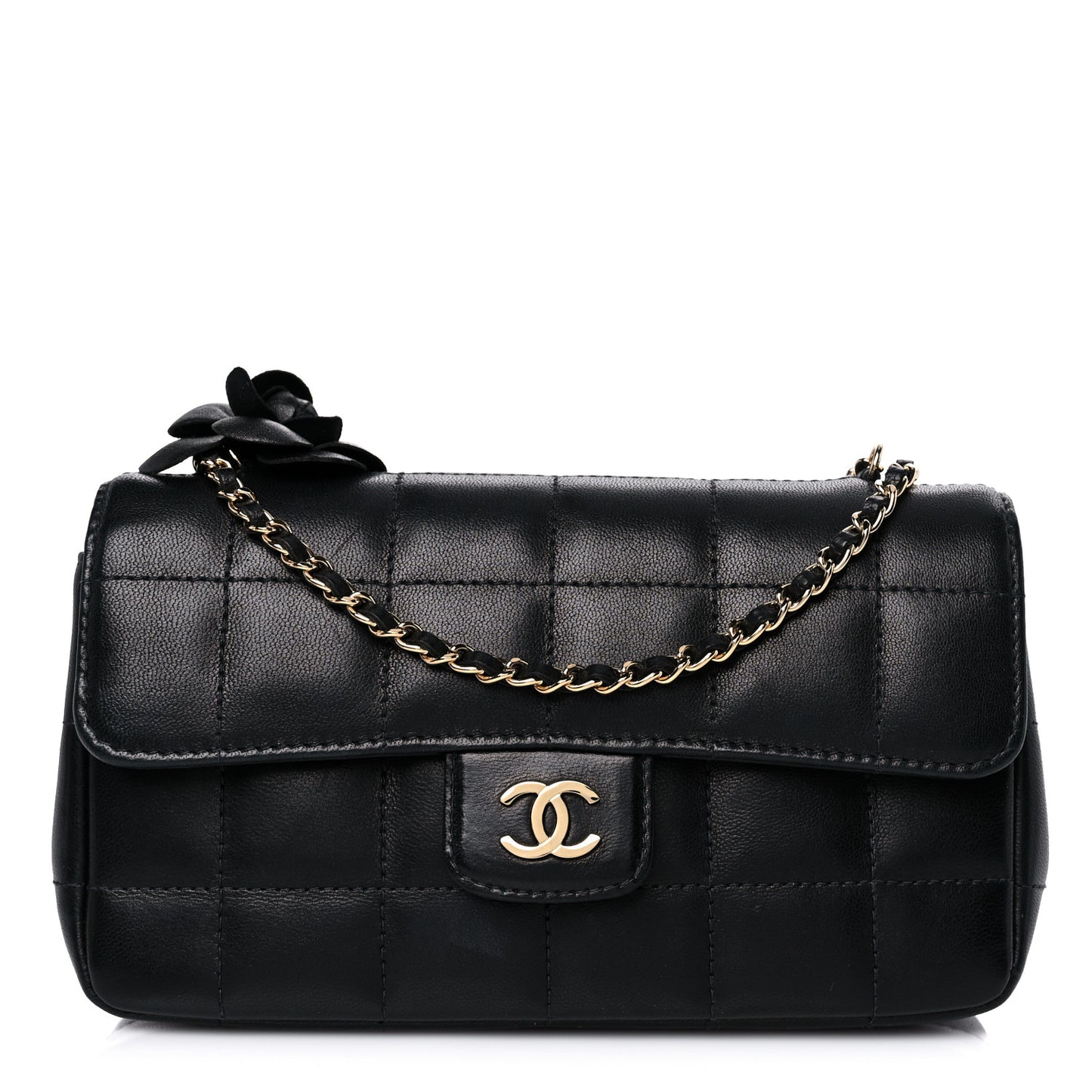 Lambskin Quilted Mini Chocolate Bar Camellia Flap Black