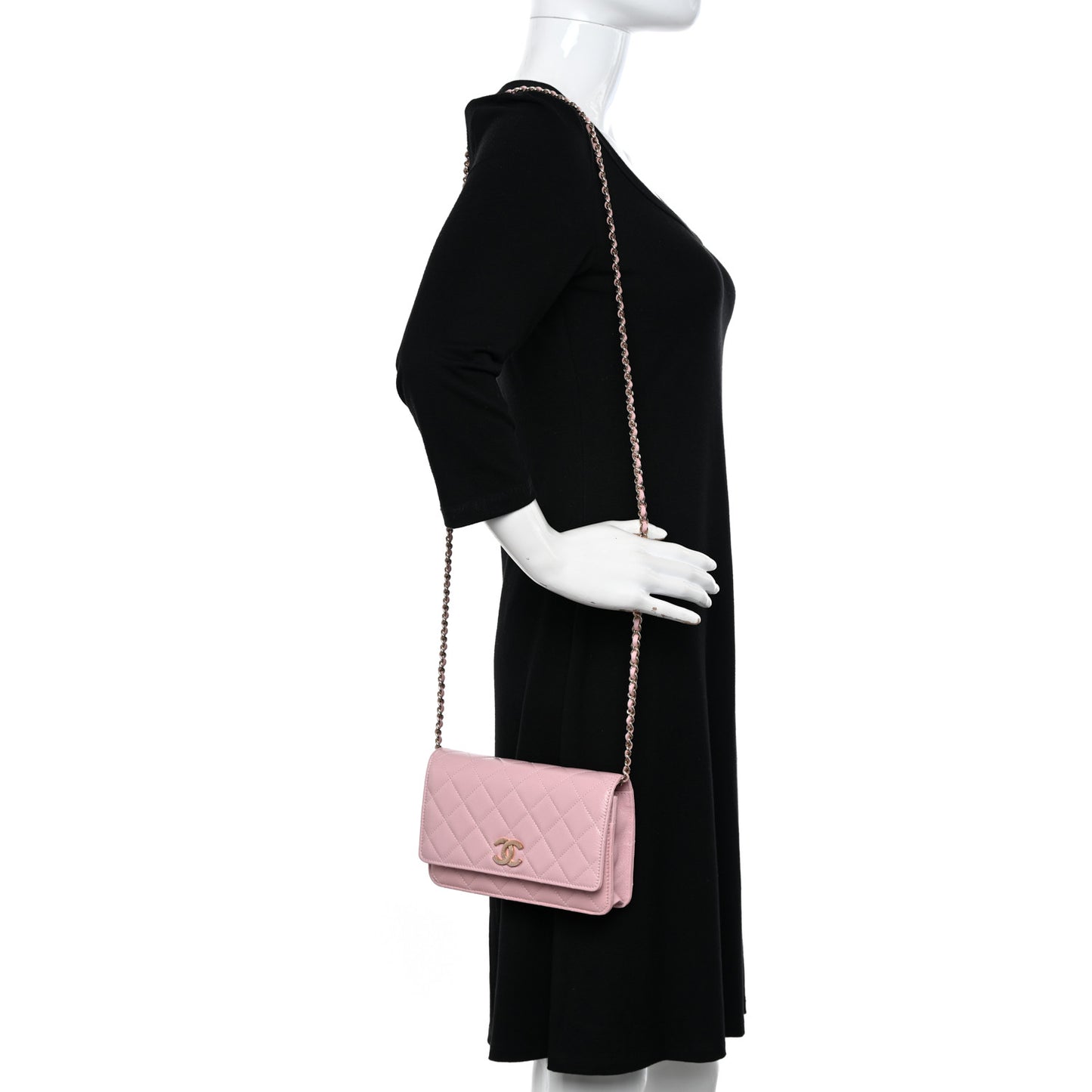 Caviar Quilted Studded CC Wallet on Chain WOC Light Pink
