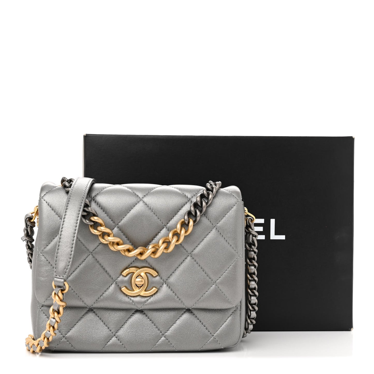 Metallic Lambskin Quilted Small Side Note Flap Grey