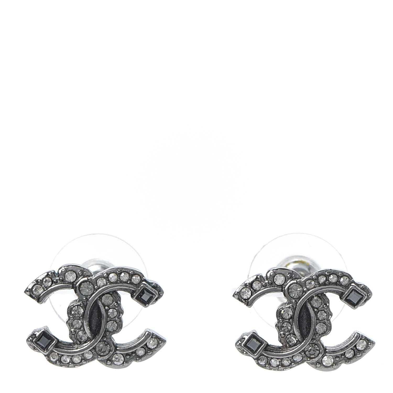 Chanel Ruthenium Crystal CC Earrings Silver Black 1 of 5