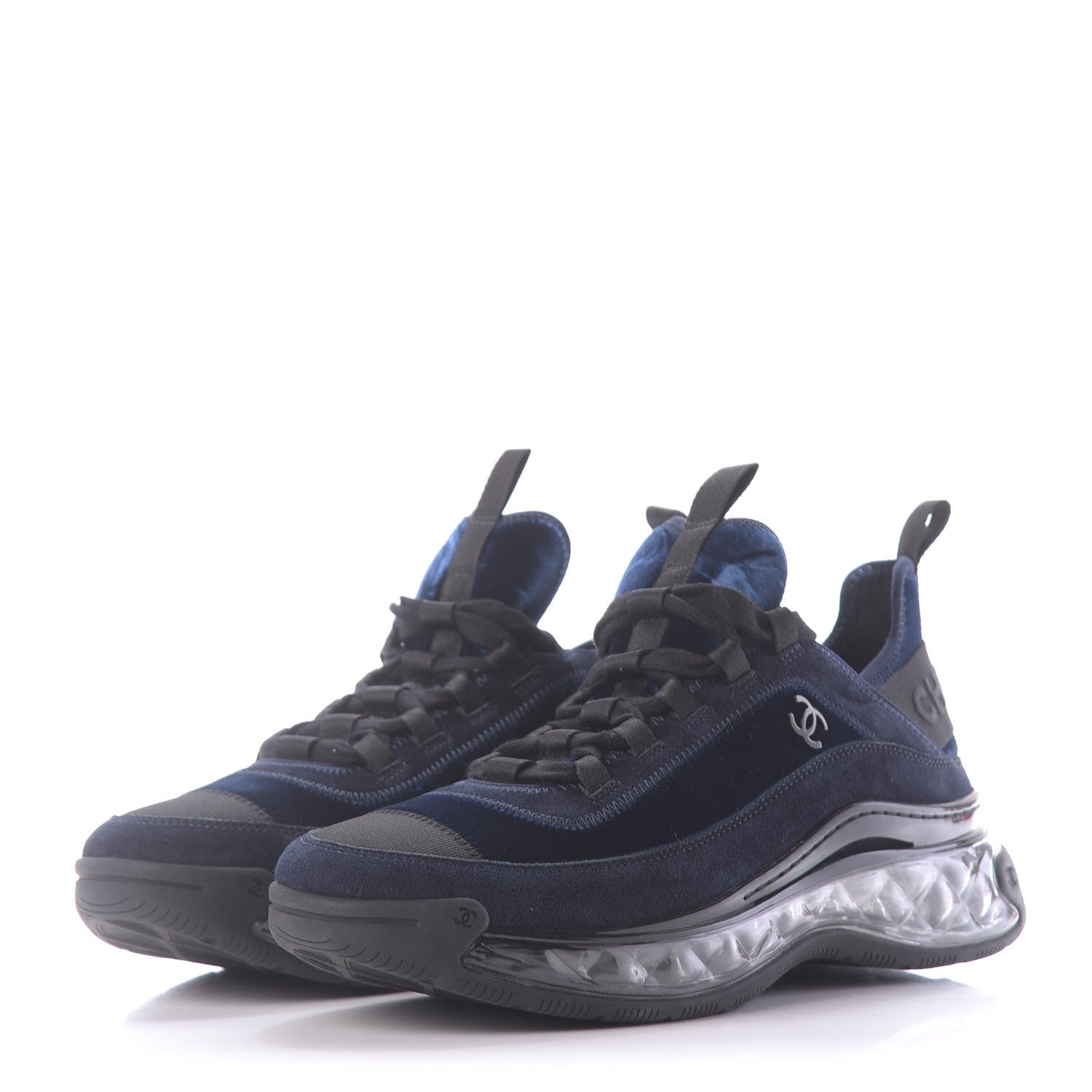 Chanel Suede Calfskin Velvet Grosgrain CC Sneakers 41 Navy Blue Black 3 of 11