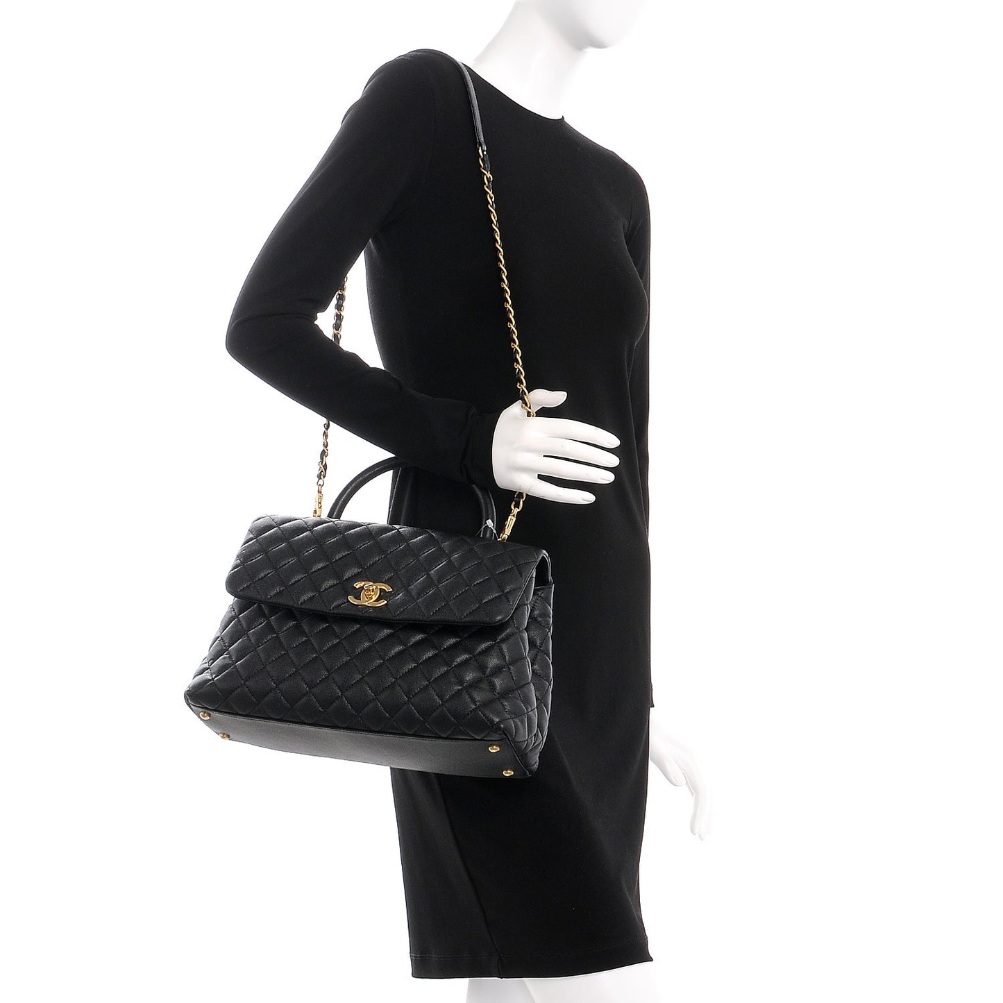 Caviar Quilted Large Coco Handle Flap Black