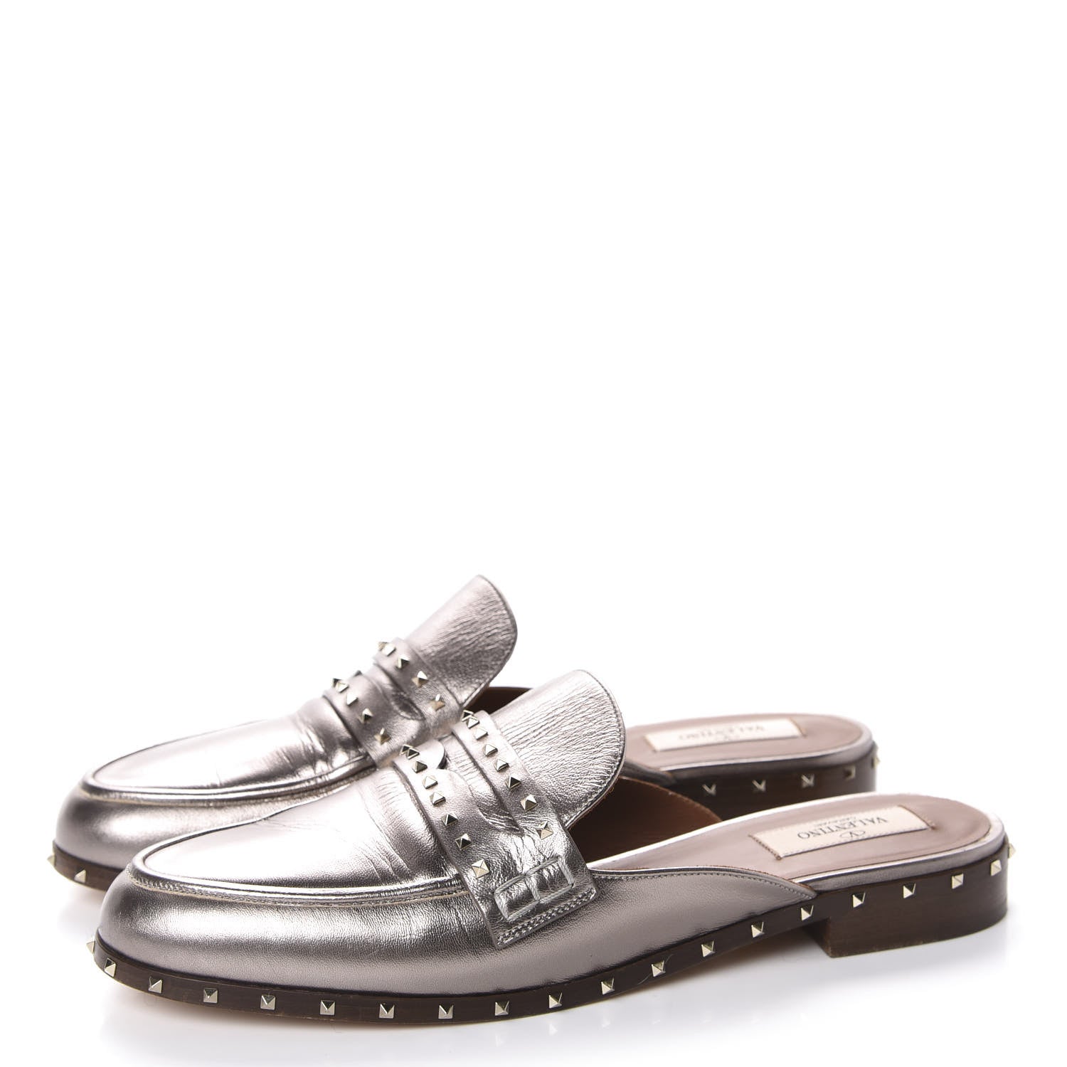 Valentino Garavani Metallic Lambskin Soul Rockstud Flat Mules 40 Silver 3 of 9
