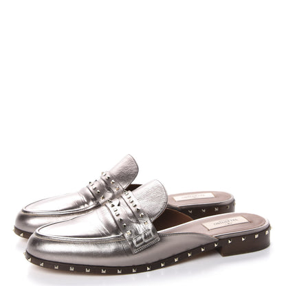 Valentino Garavani Metallic Lambskin Soul Rockstud Flat Mules 40 Silver 3 of 9