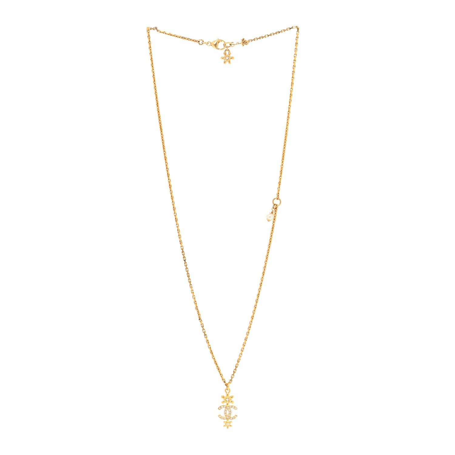 Chanel Pearl Crystal CC Flower Pendant Necklace Gold White 3 of 5