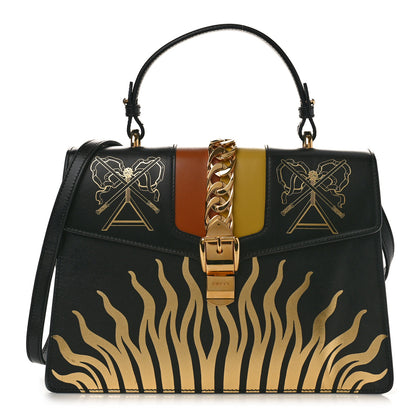 Gucci Calfskin Gold Sun Medium Sylvie Top Handle Bag Black 1 of 9
