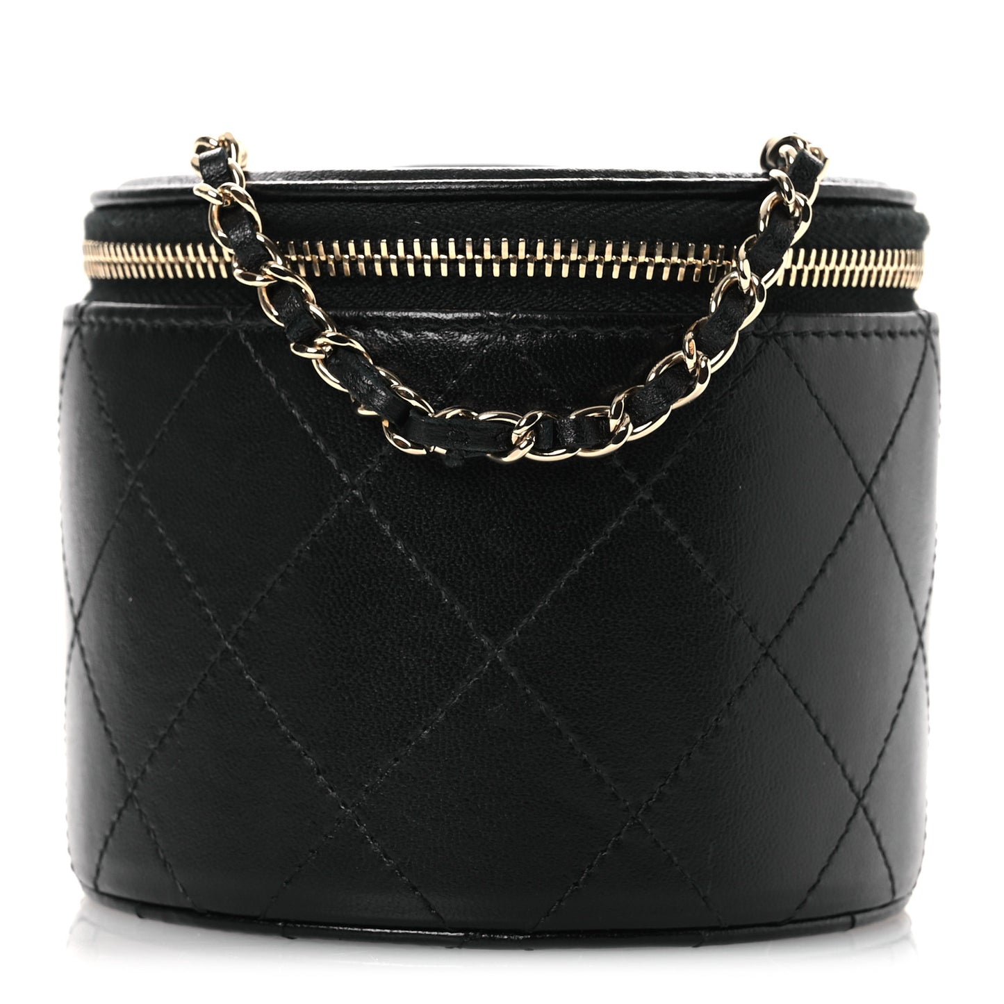 Lambskin Quilted Round Small Vanity Case With Chain Black