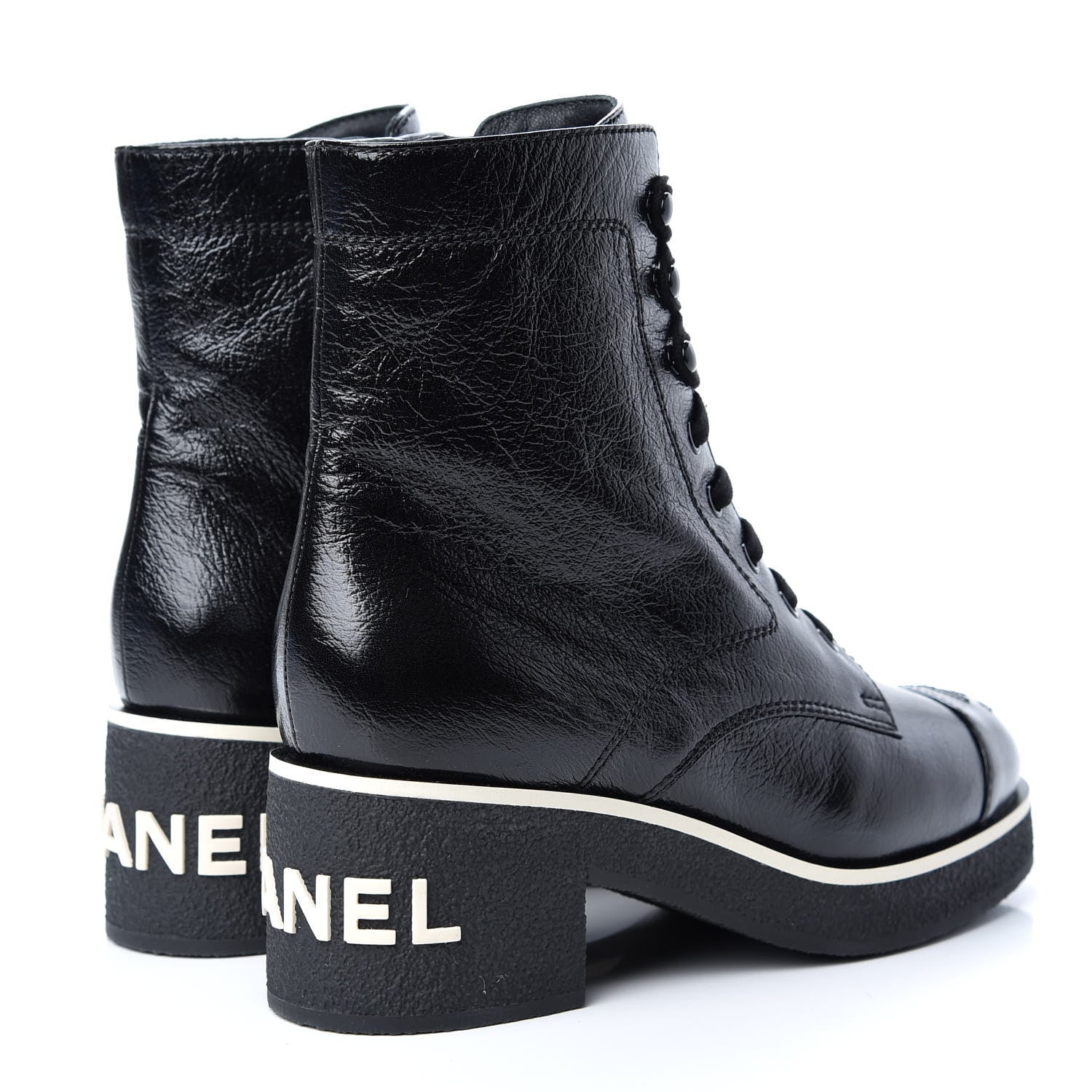 Chanel Shiny Crumpled Lambskin Lace Up Boots 39 Black 4 of 11