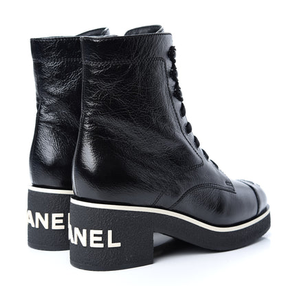 Chanel Shiny Crumpled Lambskin Lace Up Boots 39 Black 4 of 11