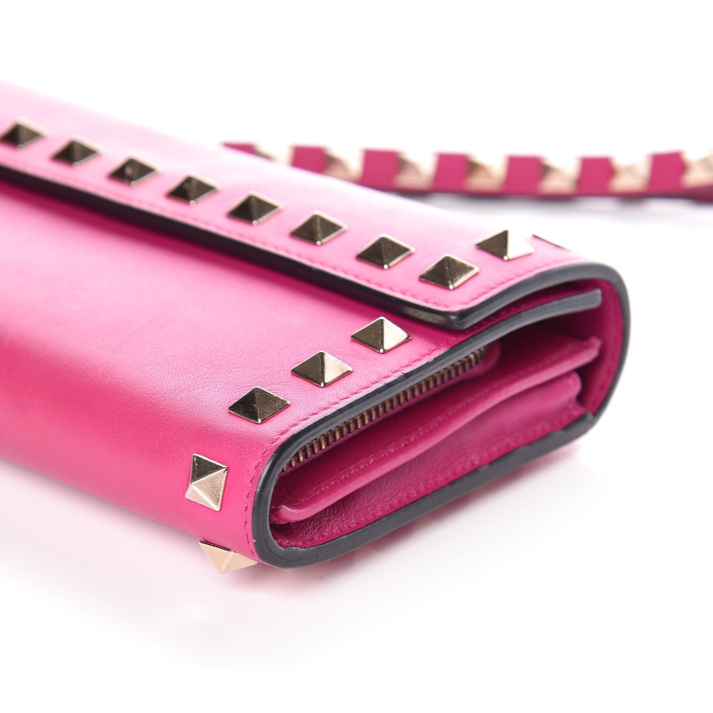 Calfskin Rockstud Wristlet Travel Wallet Fuxia