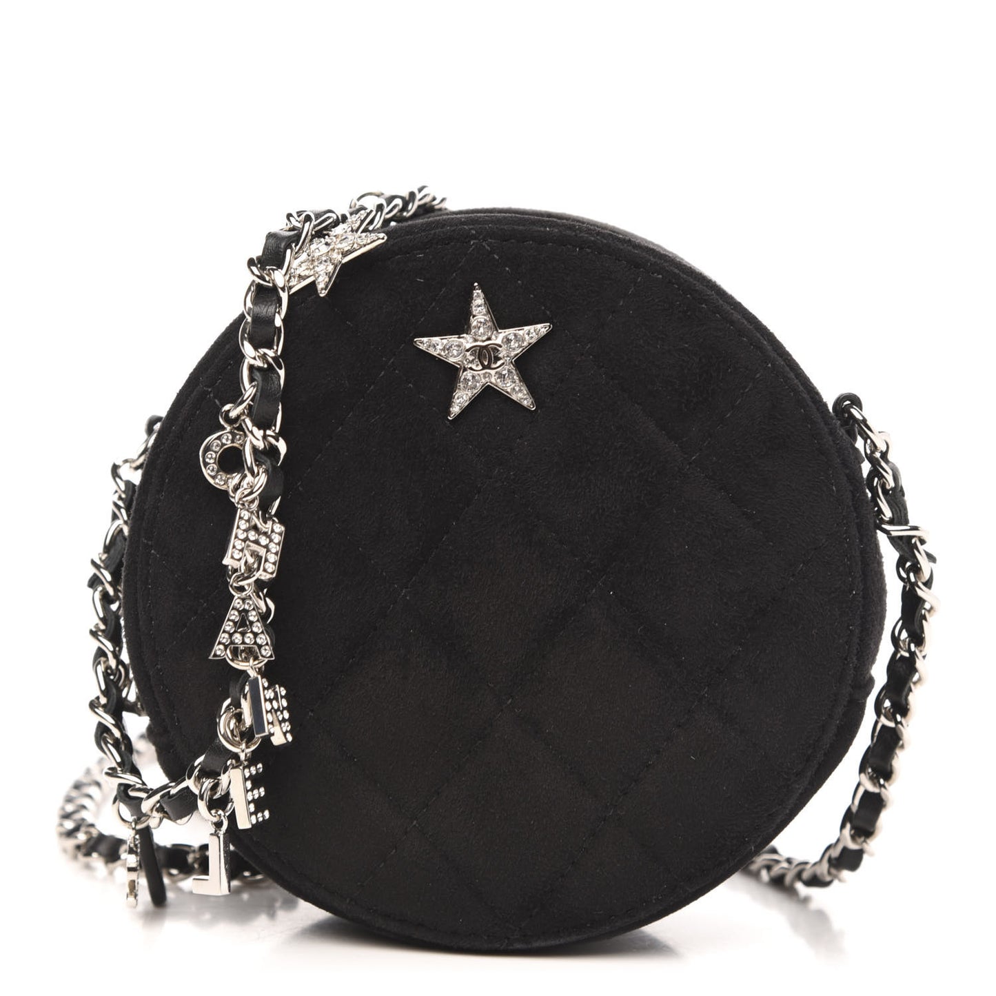 Suede Quilted Crystal Round Clutch With Logo Chain Black