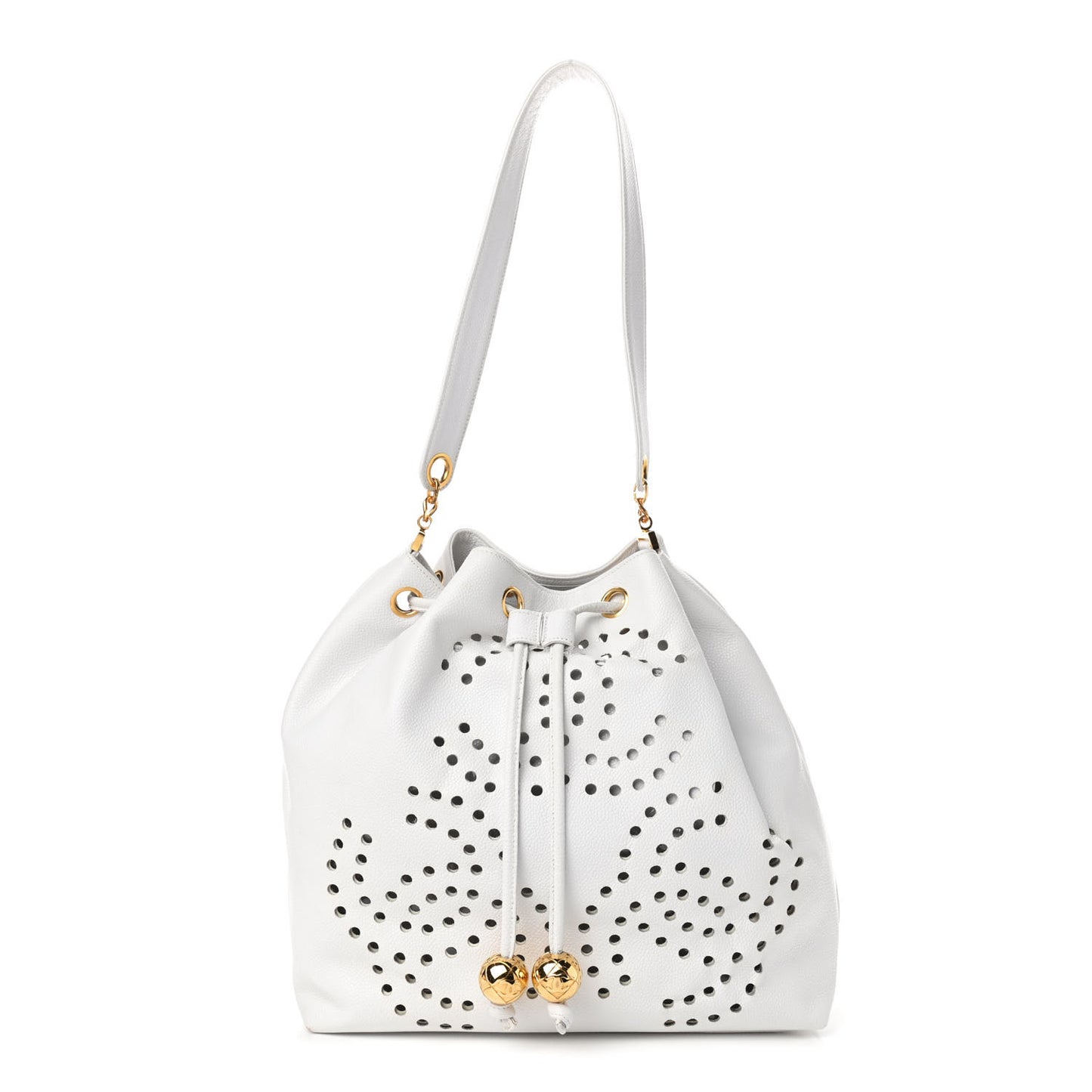 Caviar Perforated Drawstring Hobo White