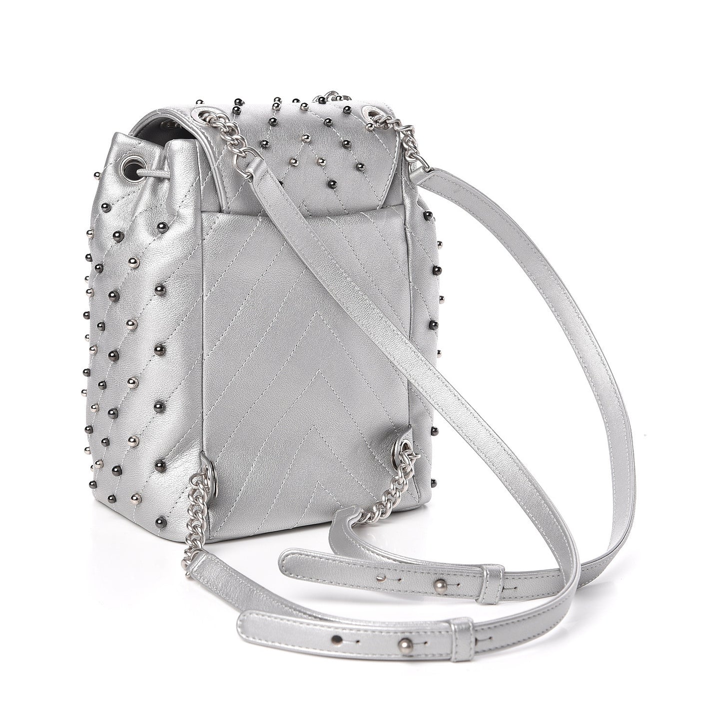 Metallic Lambskin Chevron Quilted Studded Stud Wars Backpack Silver