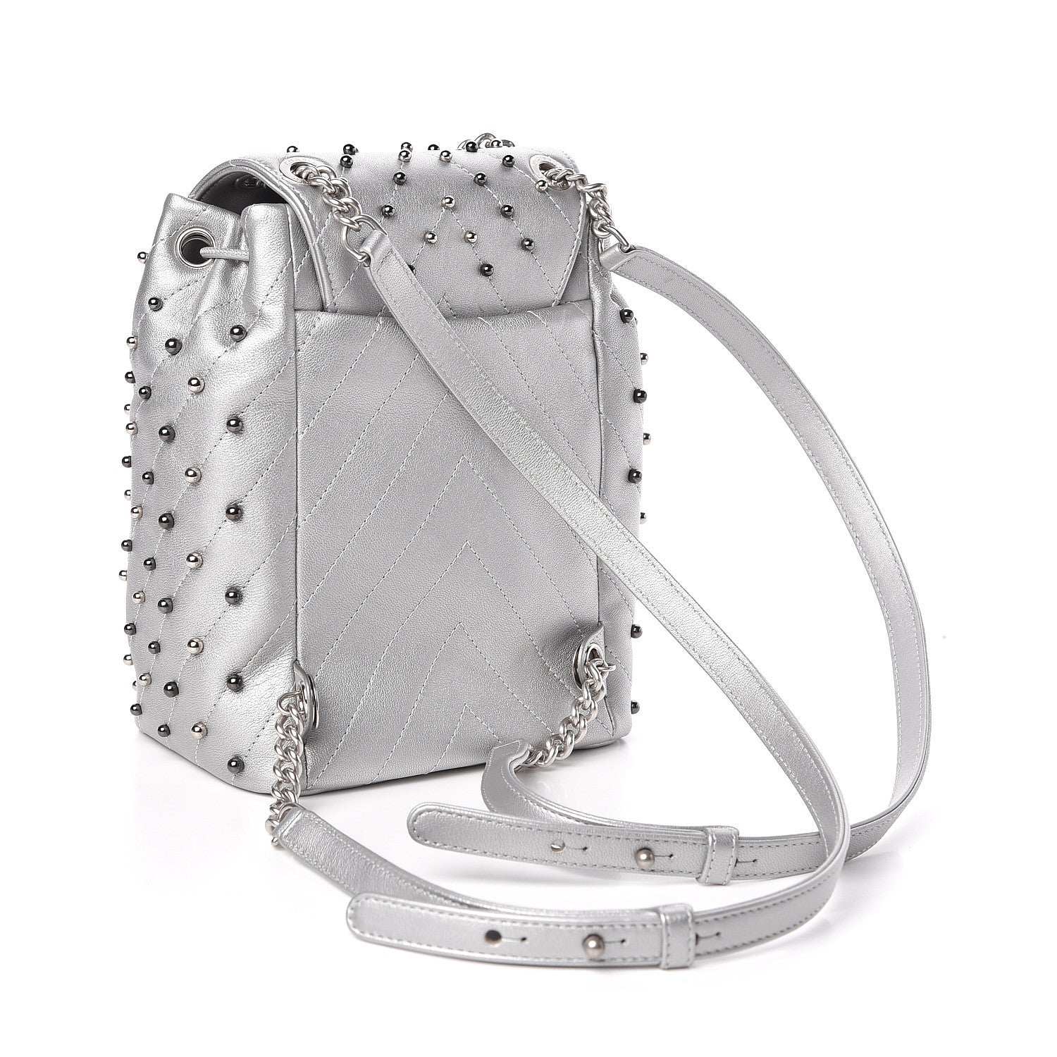Chanel Metallic Lambskin Chevron Quilted Studded Stud Wars Backpack Silver 3 of 10